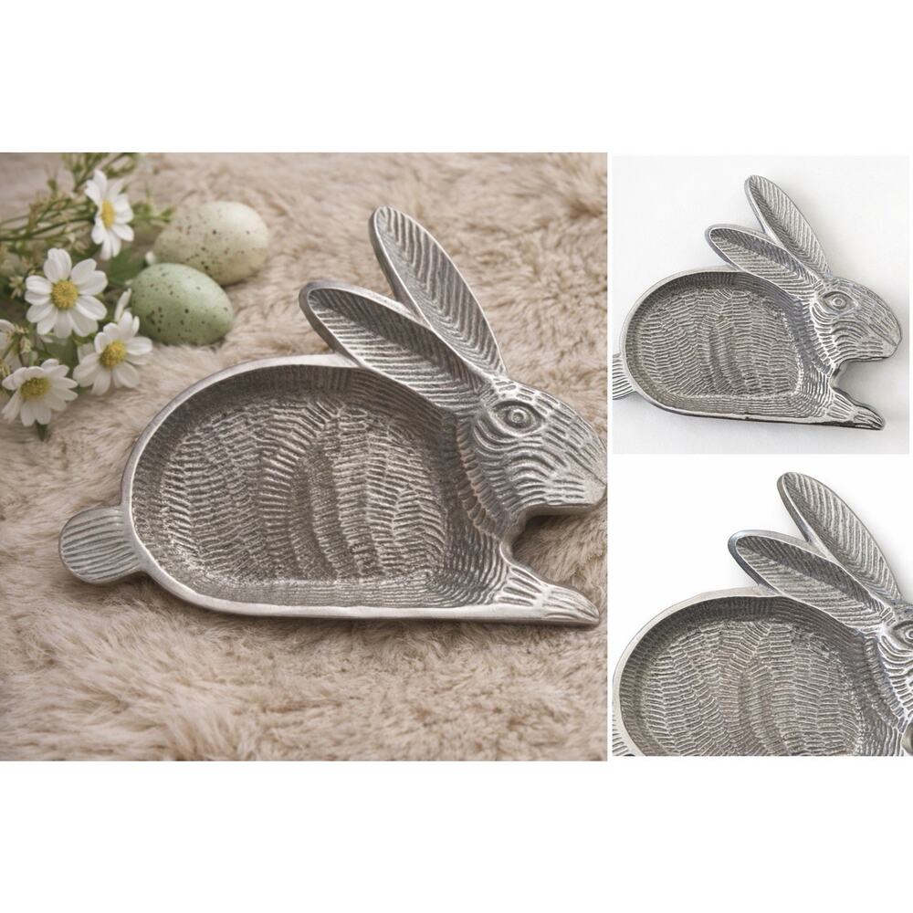 Vintage Pewter Rabbit Tray Bunny Dish Easter Decor Aluminum Serving Tray